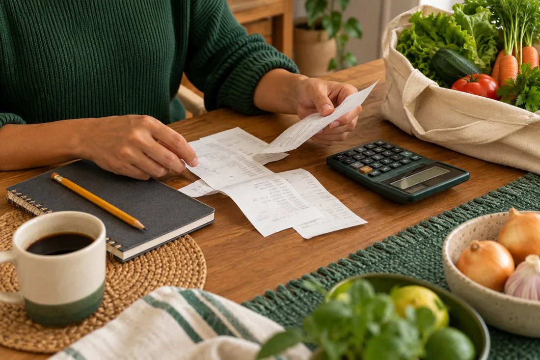 Contas, calculadora e compras sobre a mesa de casa