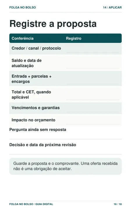 Ficha do guia para registrar credor, saldo, parcelas e condições da proposta